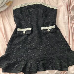 Strapless Black Tweed Mini Dress with Pearl Trim
